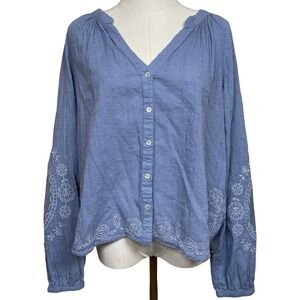 Promod Embroidered Swiss Dot Blouse M Blue Boho Button Front Balloon Sleeve